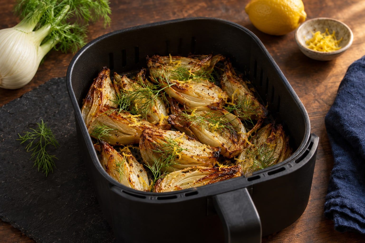 Fenouil au air fryer, quartiers caramélisés et fanes vertes dans un panier noir