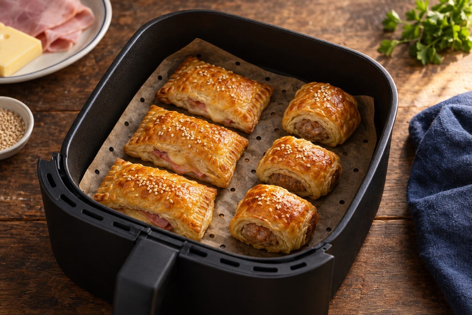 Feuilletés apéritif au air fryer, six petits feuilletés dorés au jambon-fromage et à la saucisse dans le panier