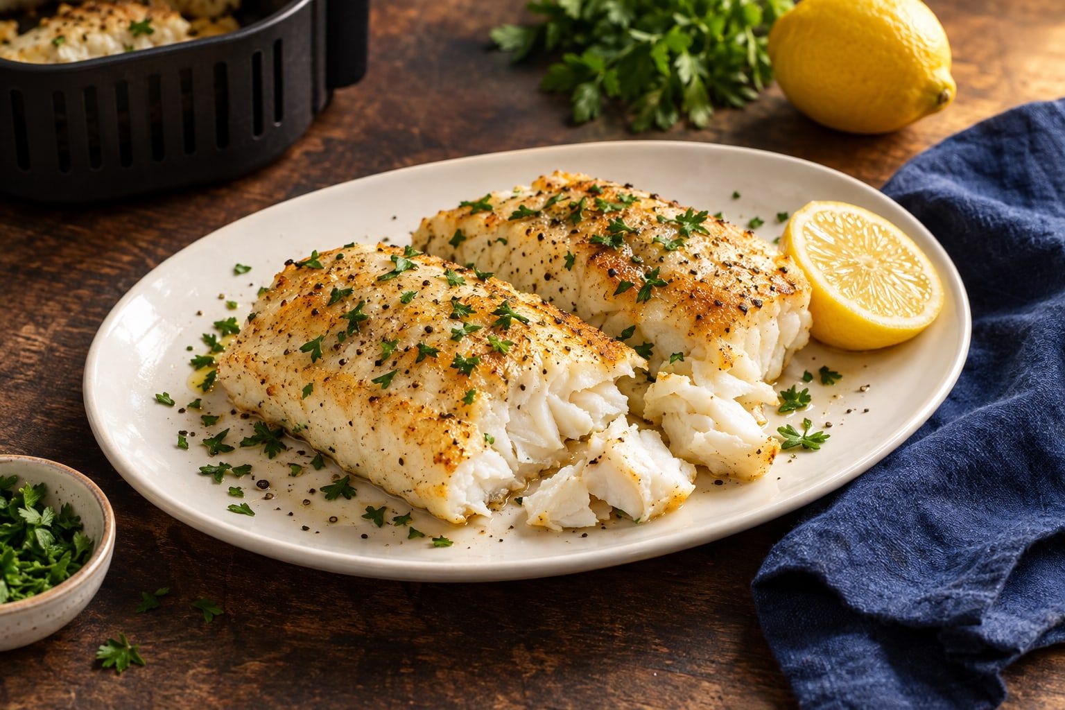 Filet de colin au air fryer, deux filets nacrés au persil sur une assiette blanche