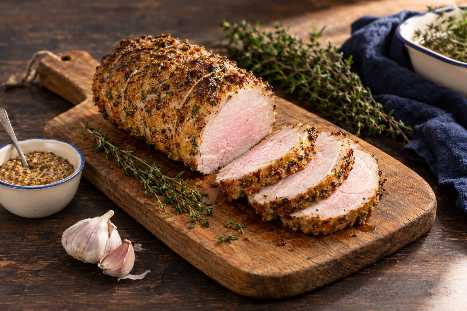 Filet de porc au air fryer, longe dorée à la moutarde et aux herbes, tranchée sur une planche en bois