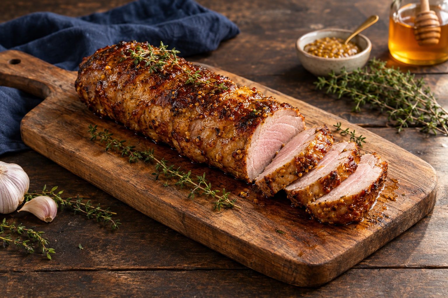 Filet mignon de porc au air fryer, glacé moutarde et miel, tranché sur une planche