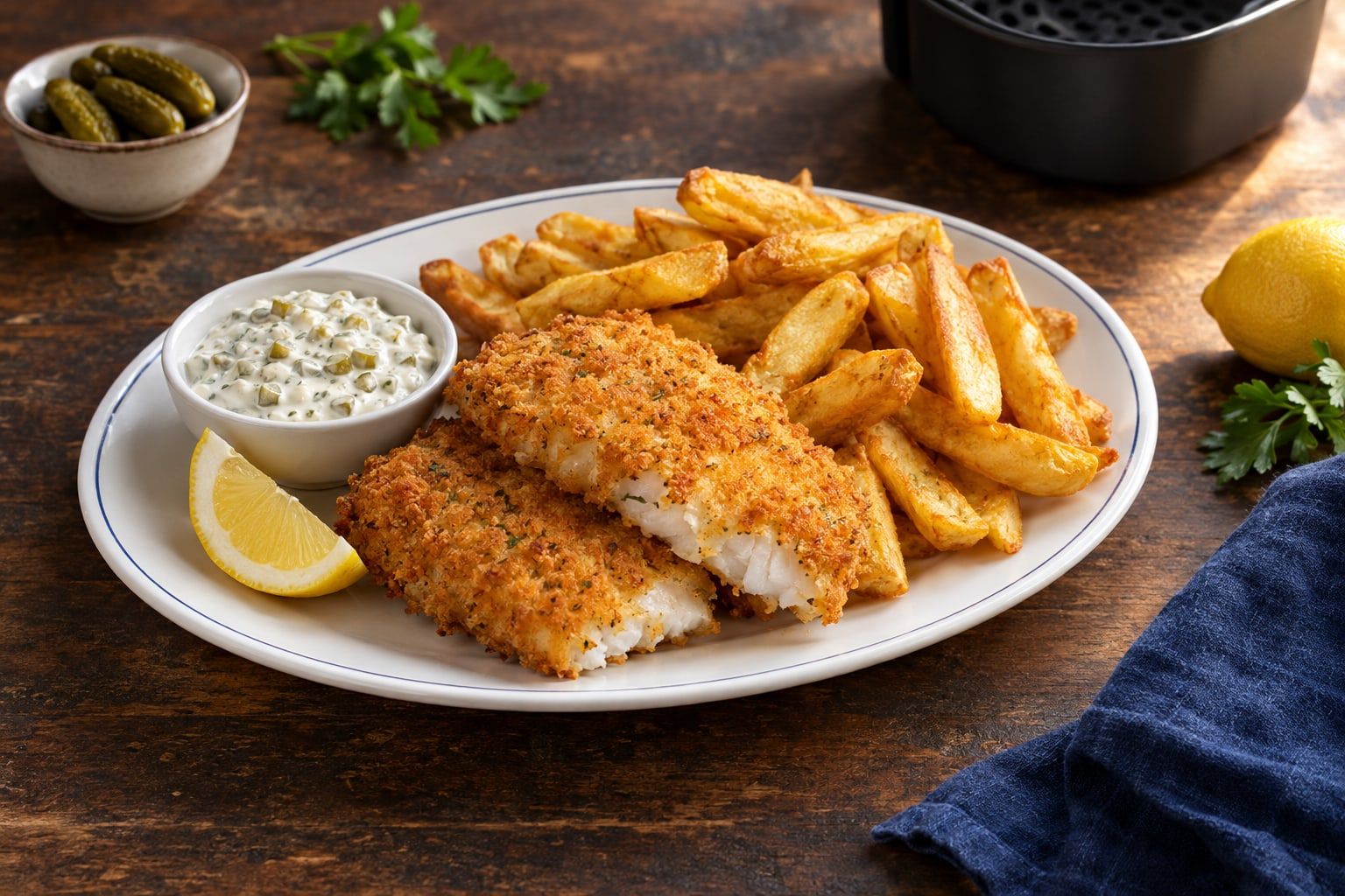 Fish and chips au air fryer, poisson pané doré, frites épaisses et sauce tartare