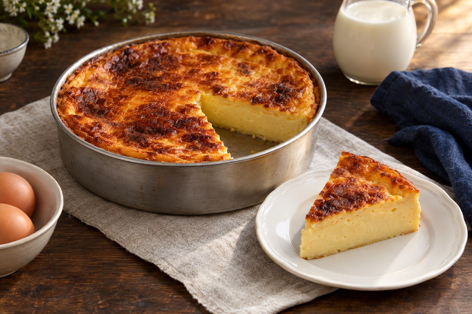 Flan pâtissier au air fryer, flan sans pâte au dessus doré tacheté dans un moule rond, une part découpée