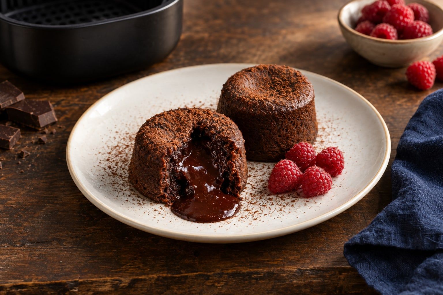 Fondant au chocolat au air fryer, deux fondants démoulés dont un coulant, sur une assiette blanche