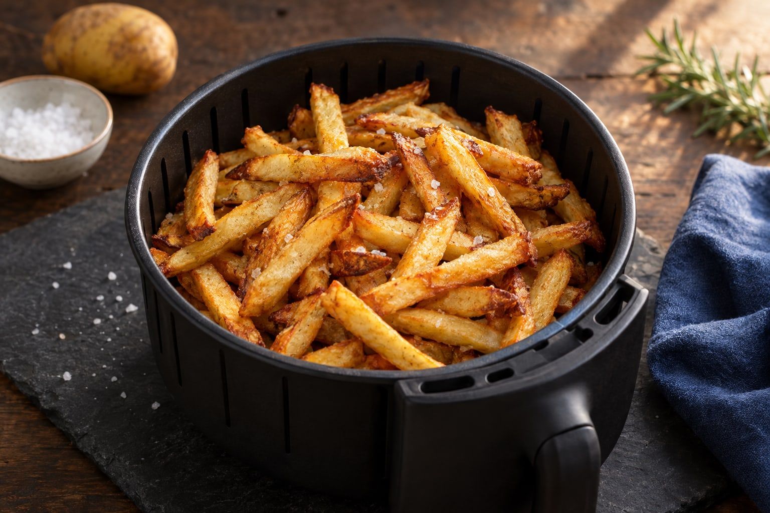 Frites maison au air fryer, bâtonnets dorés et salés dans le panier