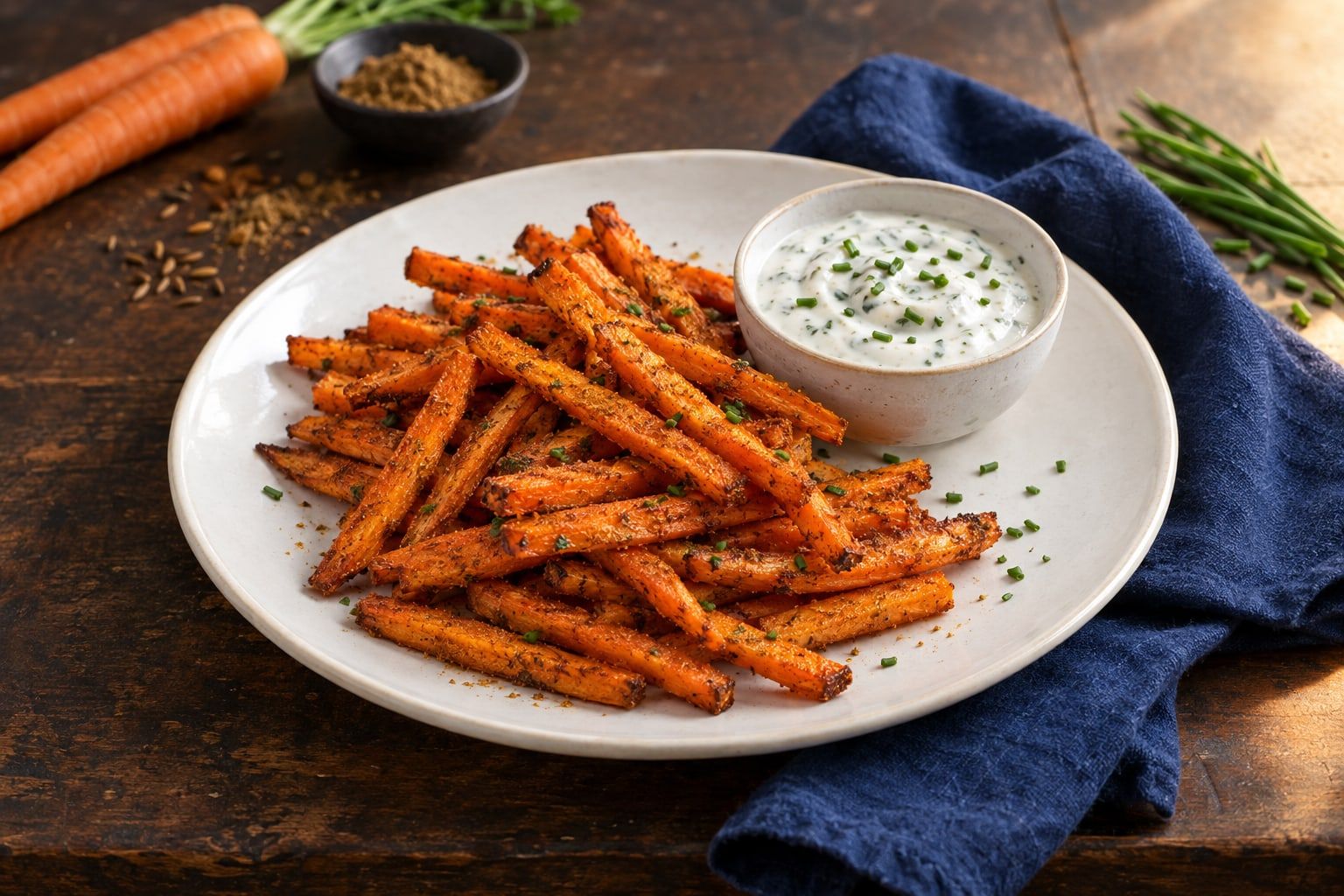 Frites de carottes au air fryer, bâtonnets orange dorés au cumin servis avec une sauce blanche à la ciboulette