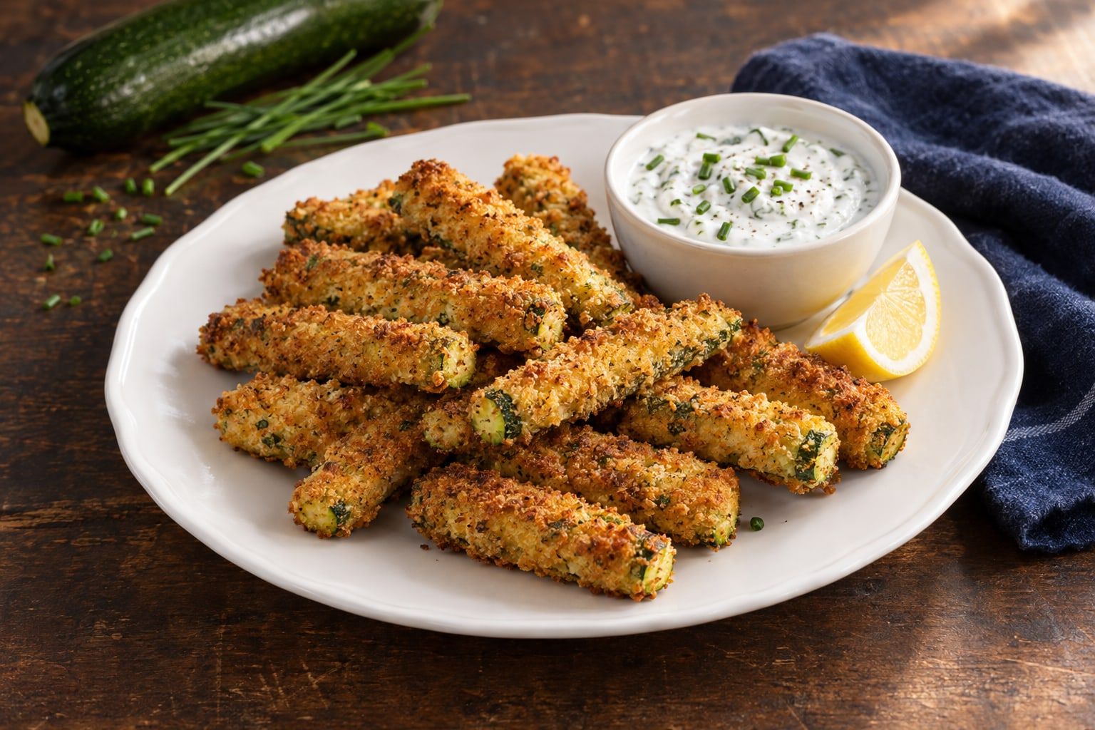 Frites de courgettes au air fryer, bâtonnets panés dorés servis avec une sauce au fromage blanc et à la ciboulette
