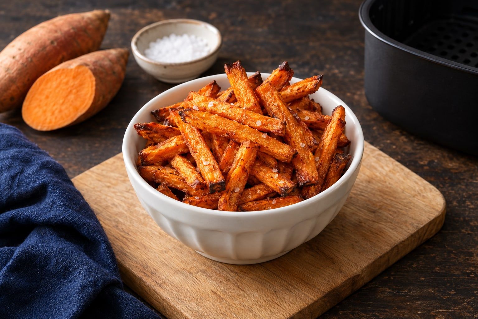 Frites de patate douce au air fryer, bâtonnets orange aux bords dorés dans un bol blanc