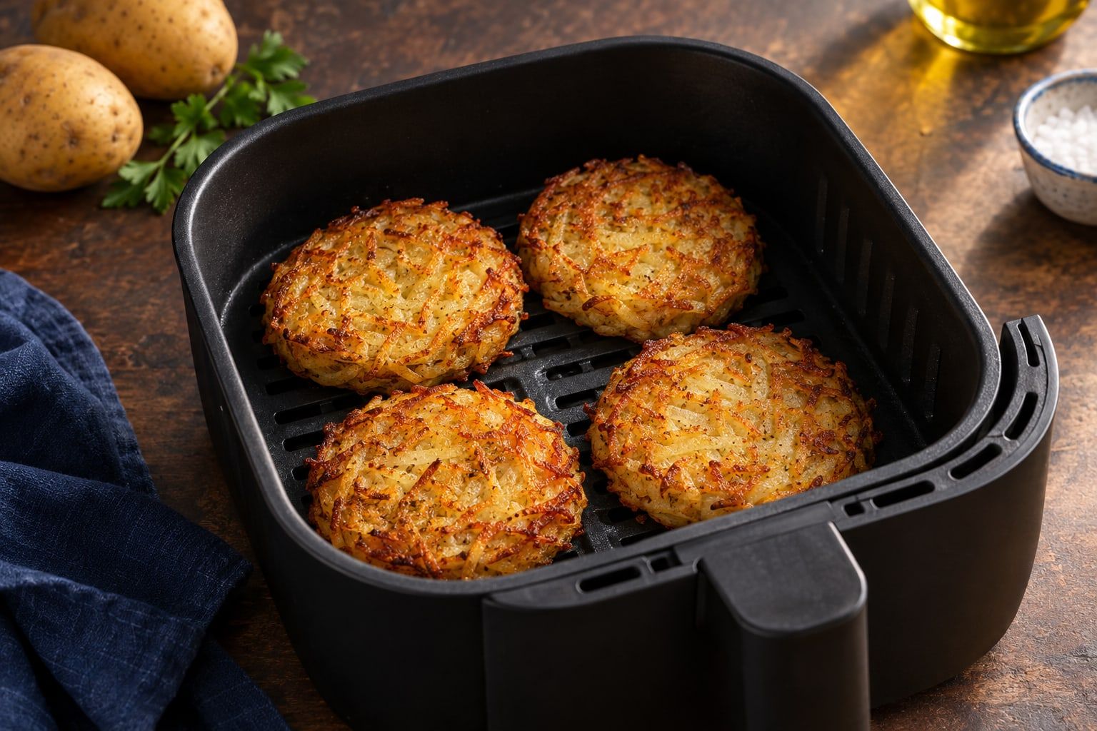 Galettes de pommes de terre au air fryer, quatre rösti dorés dans le panier