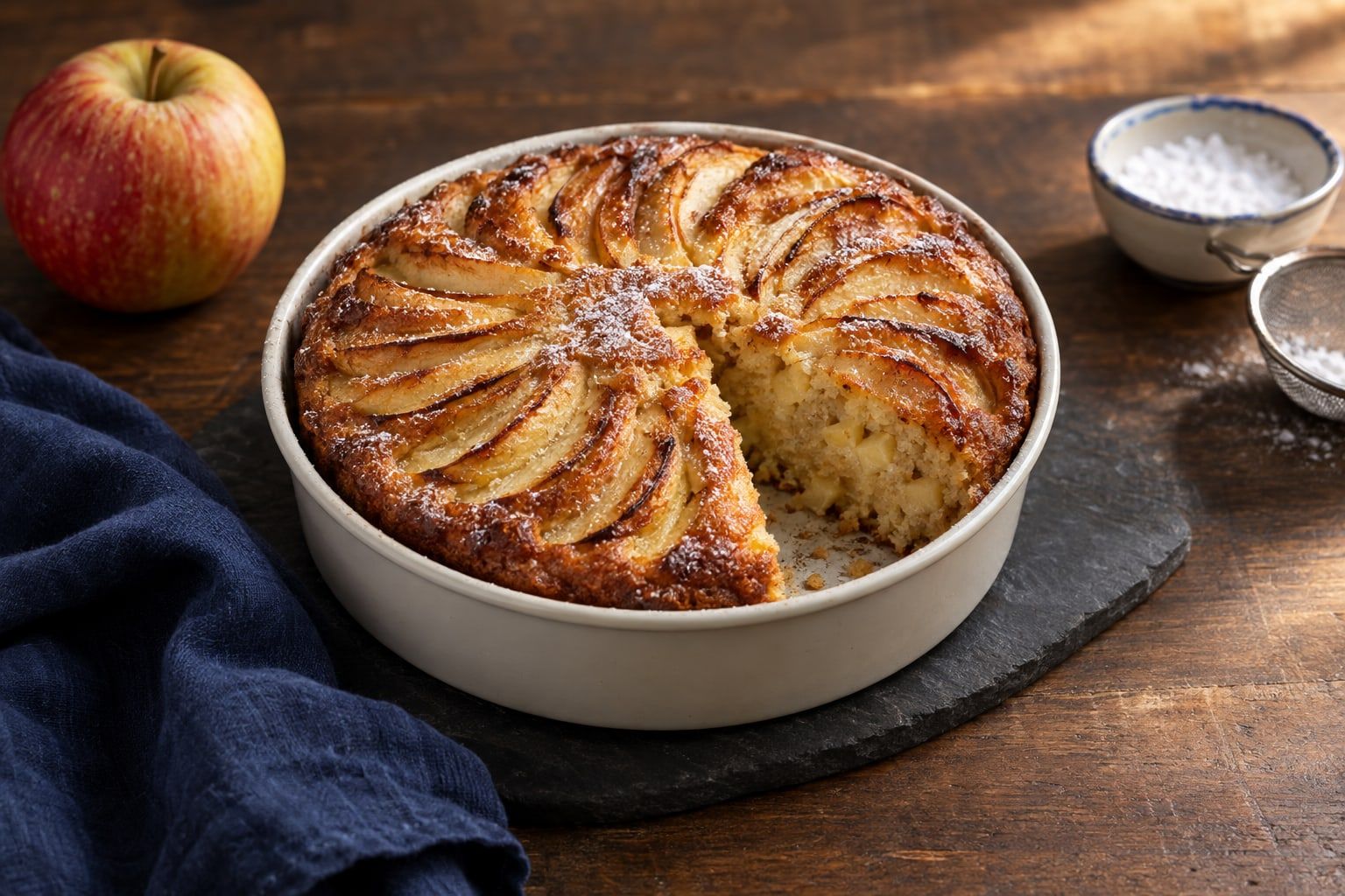 Gâteau aux pommes au air fryer, gâteau rond doré aux lamelles de pommes caramélisées dans un moule de 18 cm
