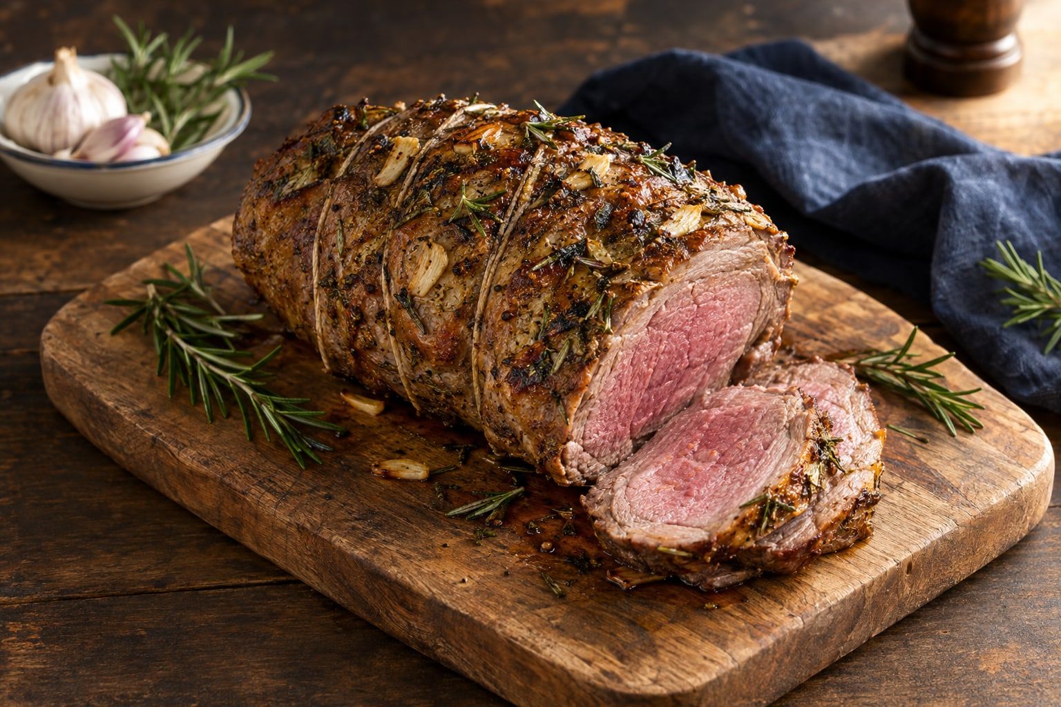 Gigot d’agneau au air fryer, désossé et ficelé, croûte à l’ail et au romarin, tranché sur une planche