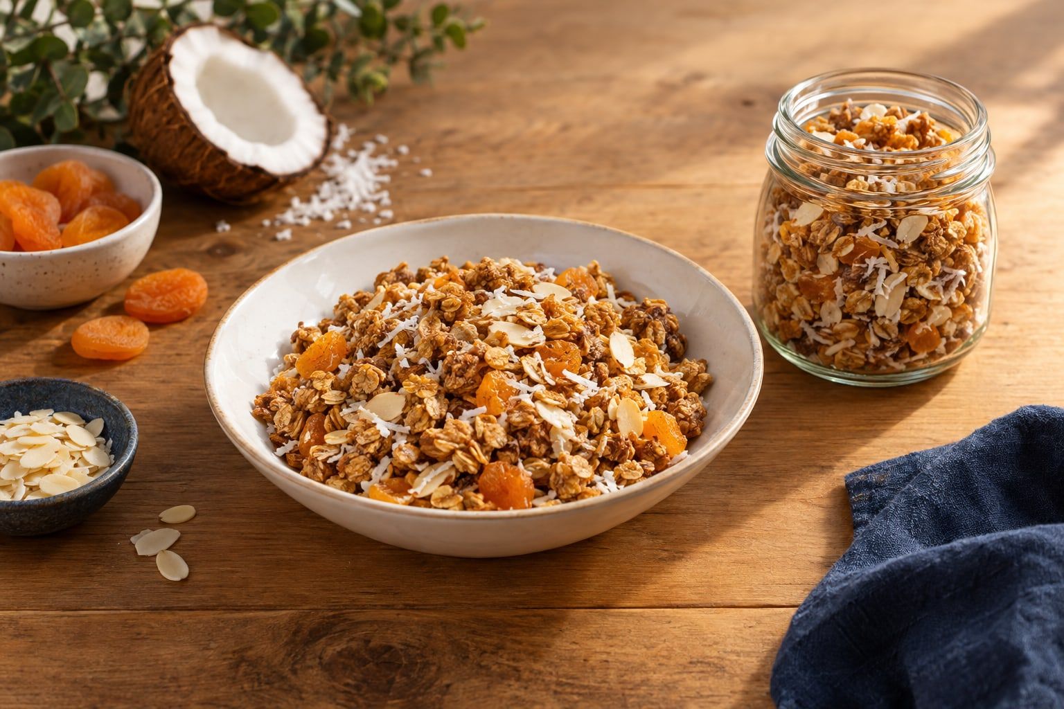 Granola au air fryer, bol de granola doré en amas avec amandes, noix de coco et dés d’abricots secs