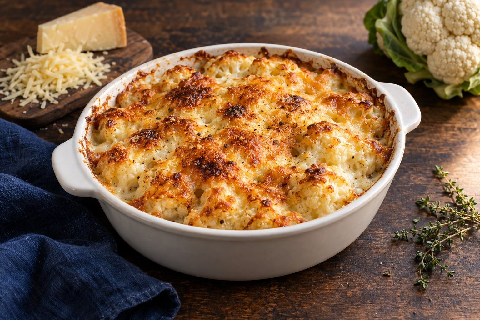 Gratin de chou-fleur au air fryer, croûte de gruyère dorée dans un plat rond en céramique