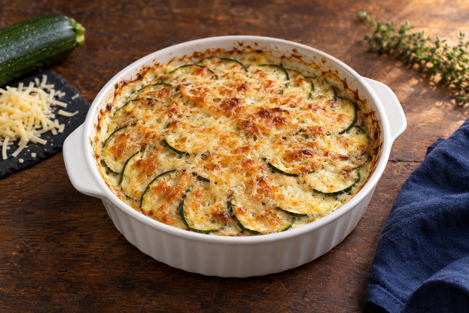 Gratin de courgettes au air fryer, rondelles gratinées au gruyère dans un plat en céramique blanc
