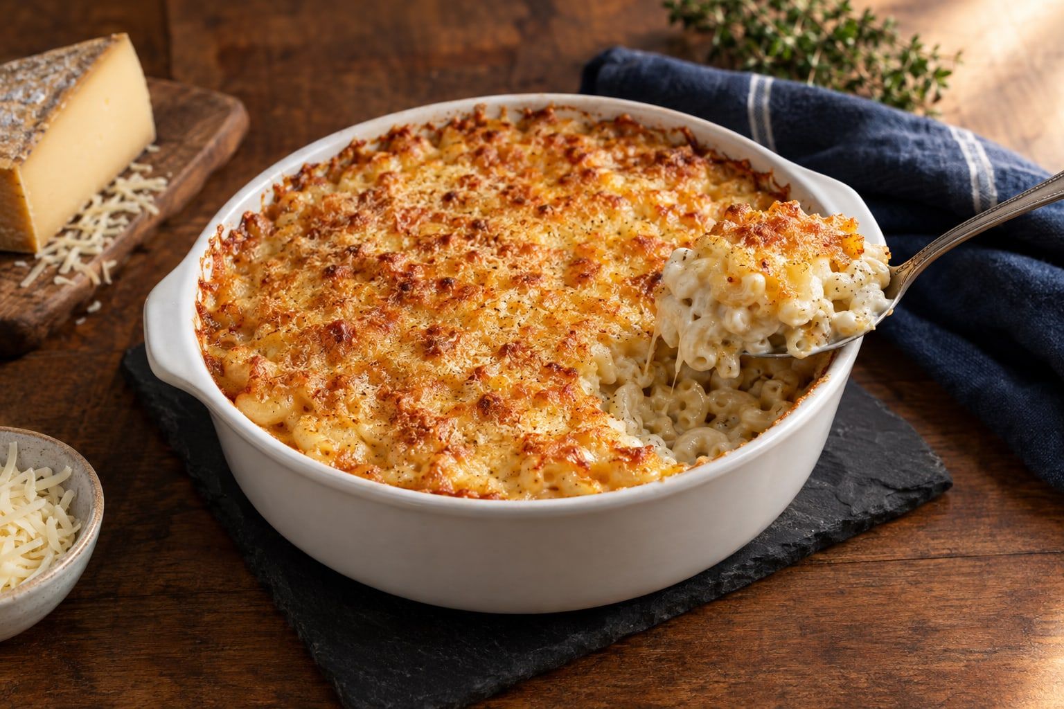 Gratin de pâtes au air fryer, coquillettes sous une croûte de gruyère dorée dans un plat rond blanc