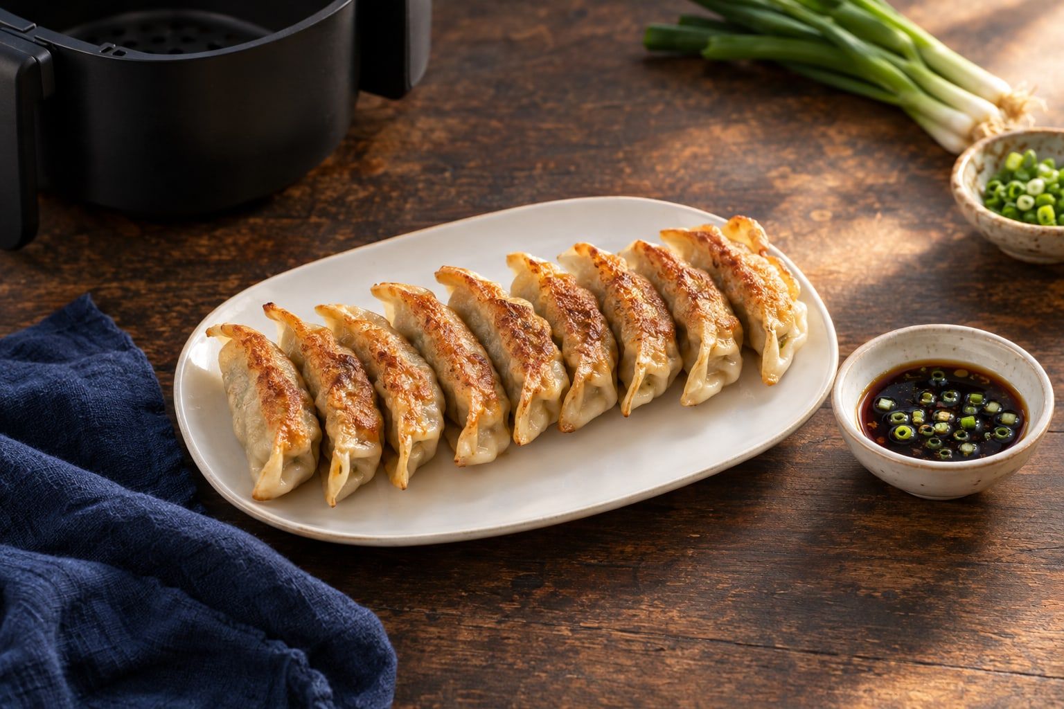 Gyozas au air fryer, huit raviolis japonais plissés et dorés à côté d’une sauce soja à l’oignon nouveau