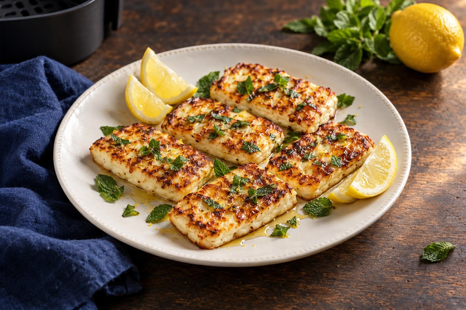 Halloumi au air fryer, six tranches dorées nappées de miel avec menthe fraîche et quartiers de citron