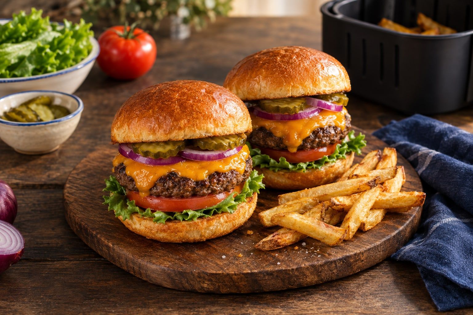 Hamburger au air fryer, steak doré sous le cheddar fondu dans un pain grillé, avec salade, tomate et cornichons