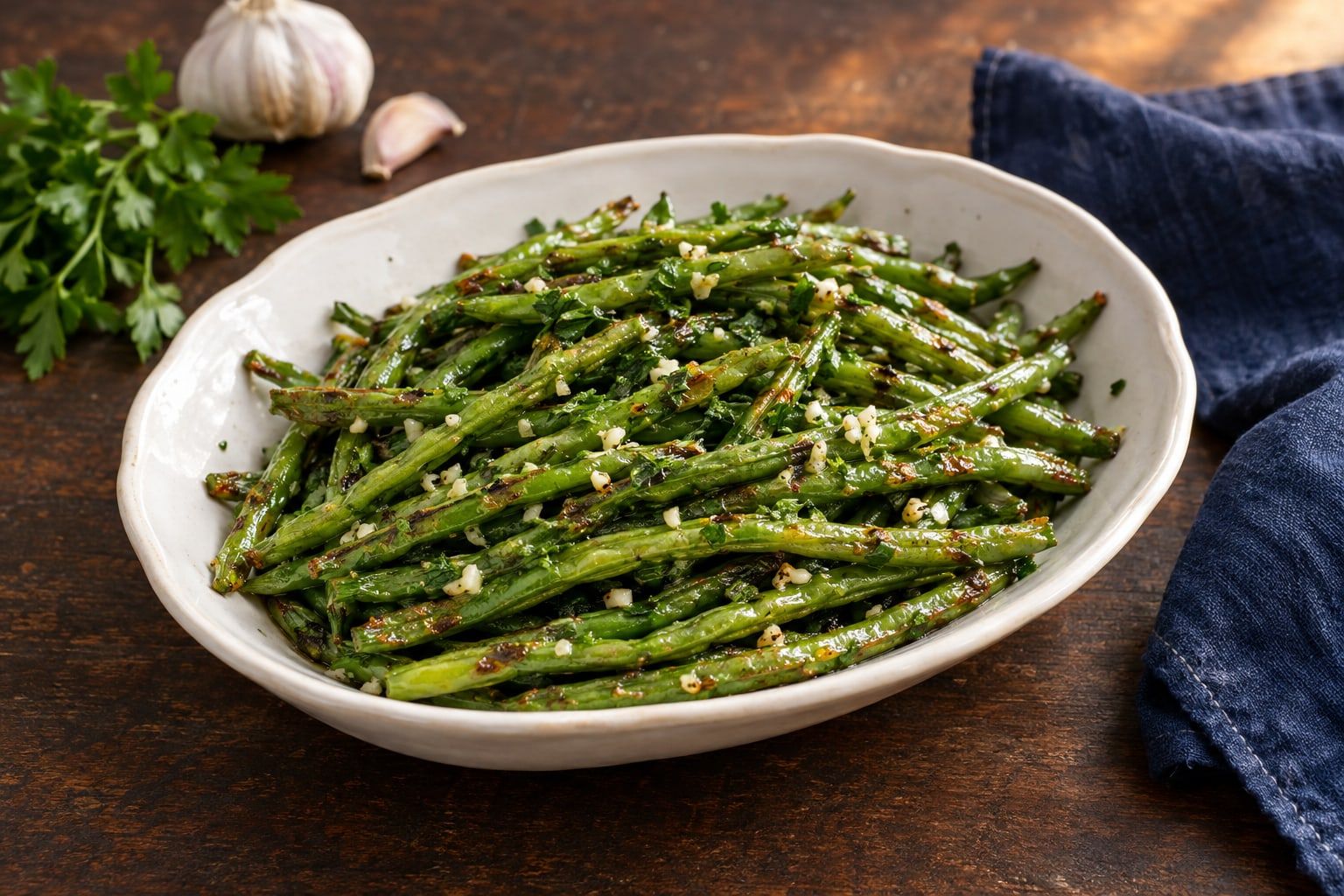 Haricots verts au air fryer, gousses vertes légèrement dorées avec une persillade dans un plat blanc