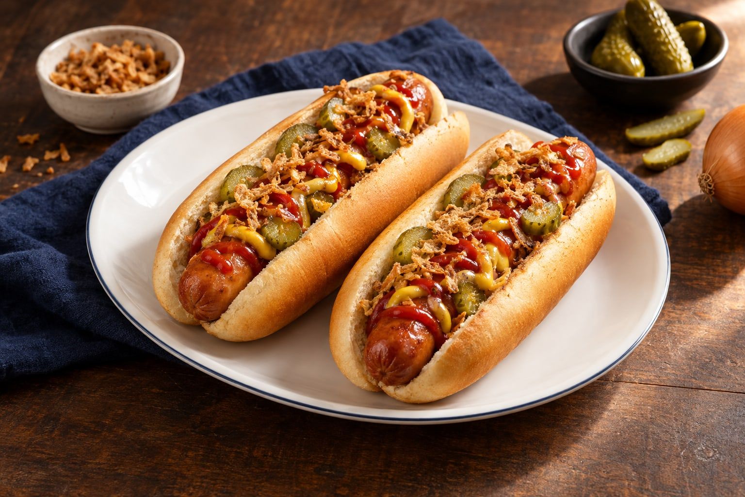 Hot dog au air fryer, saucisse dorée dans un pain tiède avec ketchup, moutarde et oignons frits