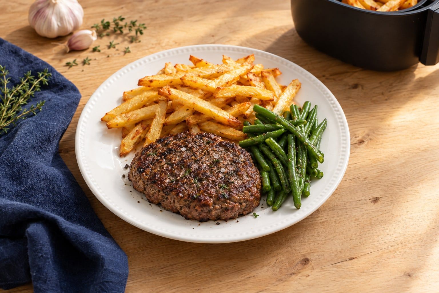 Idées repas air fryer, steak haché, frites dorées et haricots verts servis dans une assiette blanche