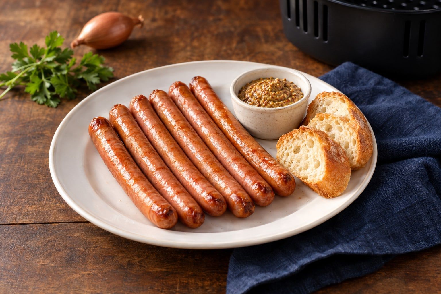 Knacks au air fryer, six saucisses de Strasbourg à la peau dorée servies avec de la moutarde et du pain