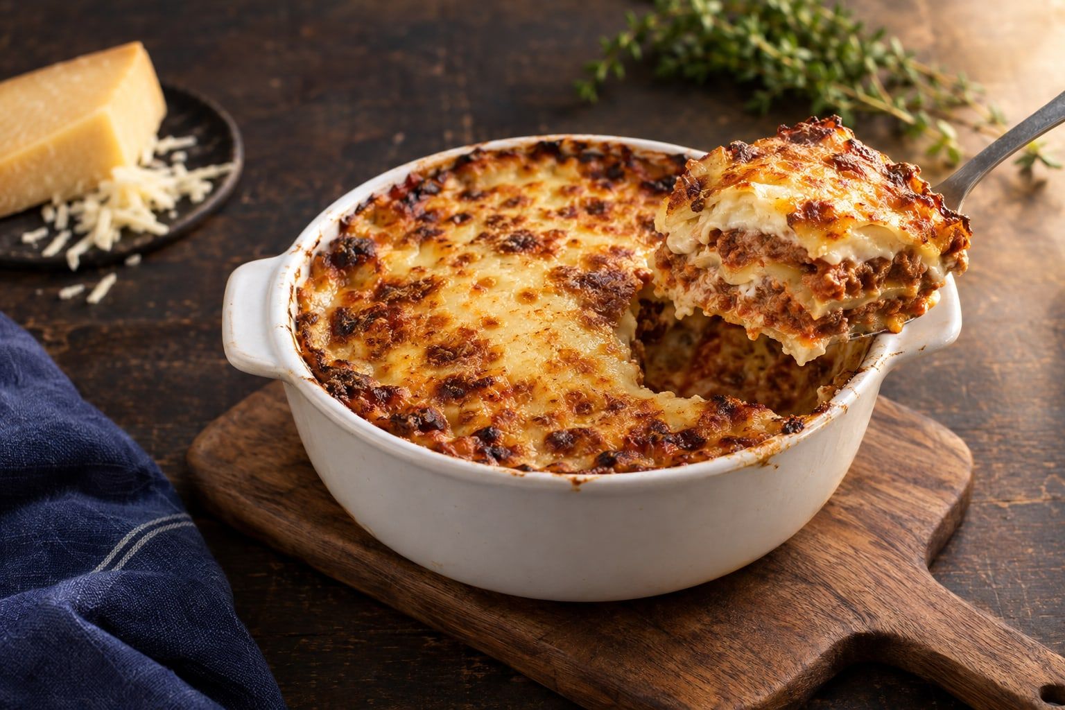 Lasagnes au air fryer, dessus gratiné doré et part découpée montrant les couches de pâtes, de bolognaise et de béchamel