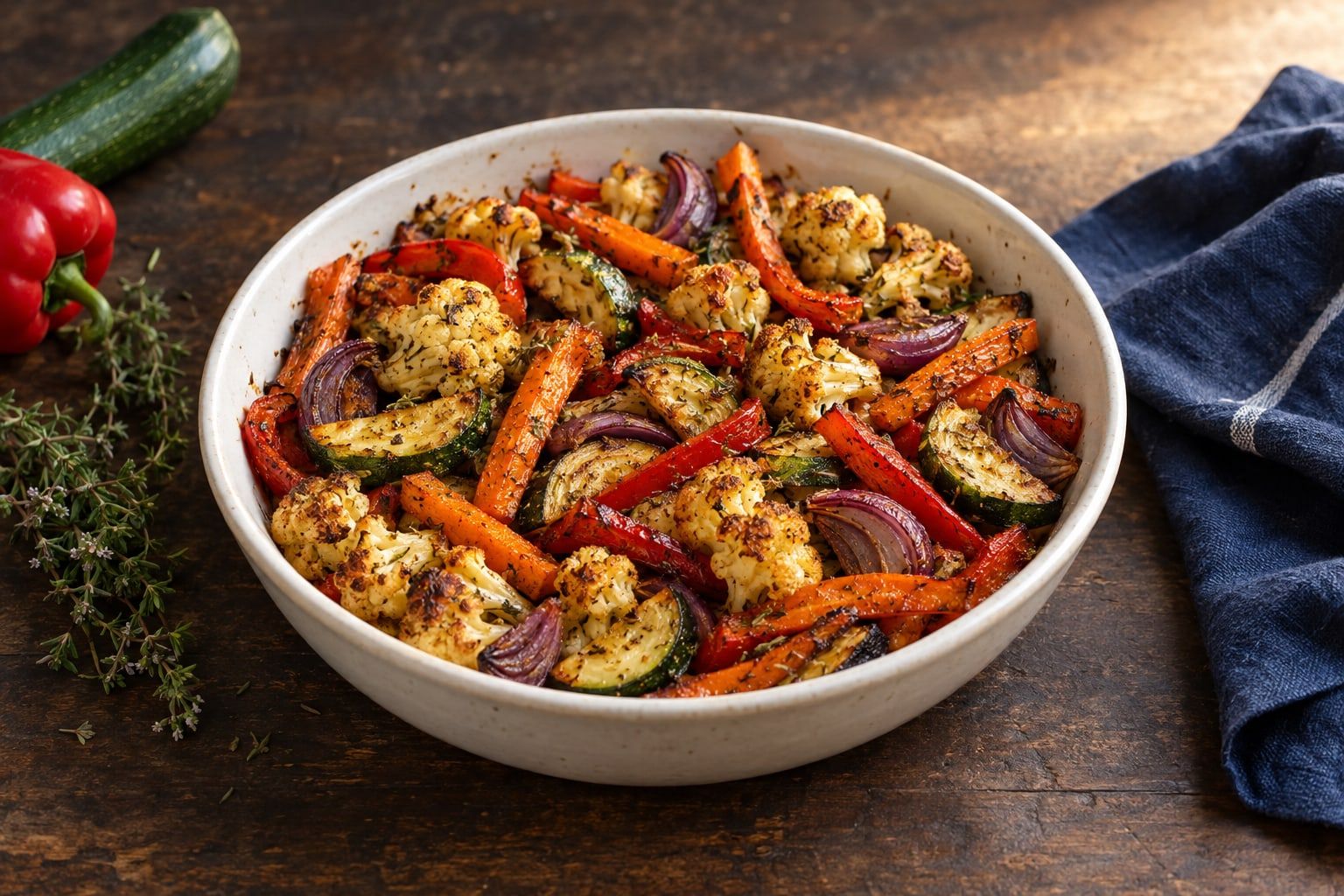 Légumes rôtis au air fryer, carottes, chou-fleur, poivron et courgette dorés dans un plat en céramique blanche