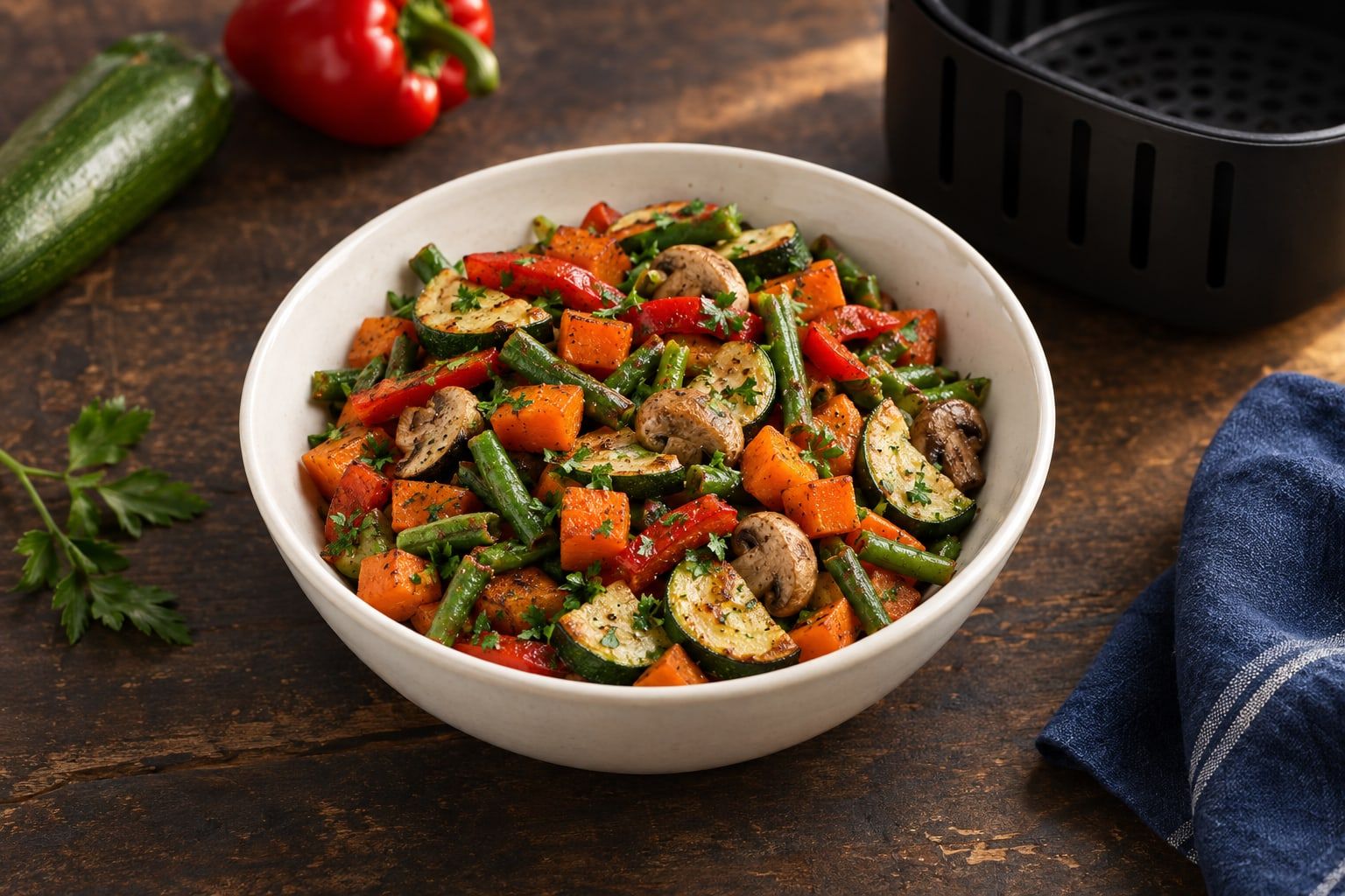 Légumes surgelés au air fryer, poêlée de carottes, haricots verts et courgettes dorée dans un bol en céramique blanche
