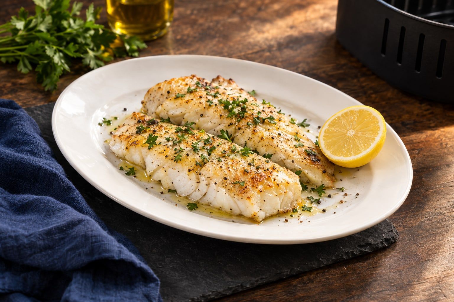 Lieu noir au air fryer, deux filets blancs au persil servis avec un demi-citron