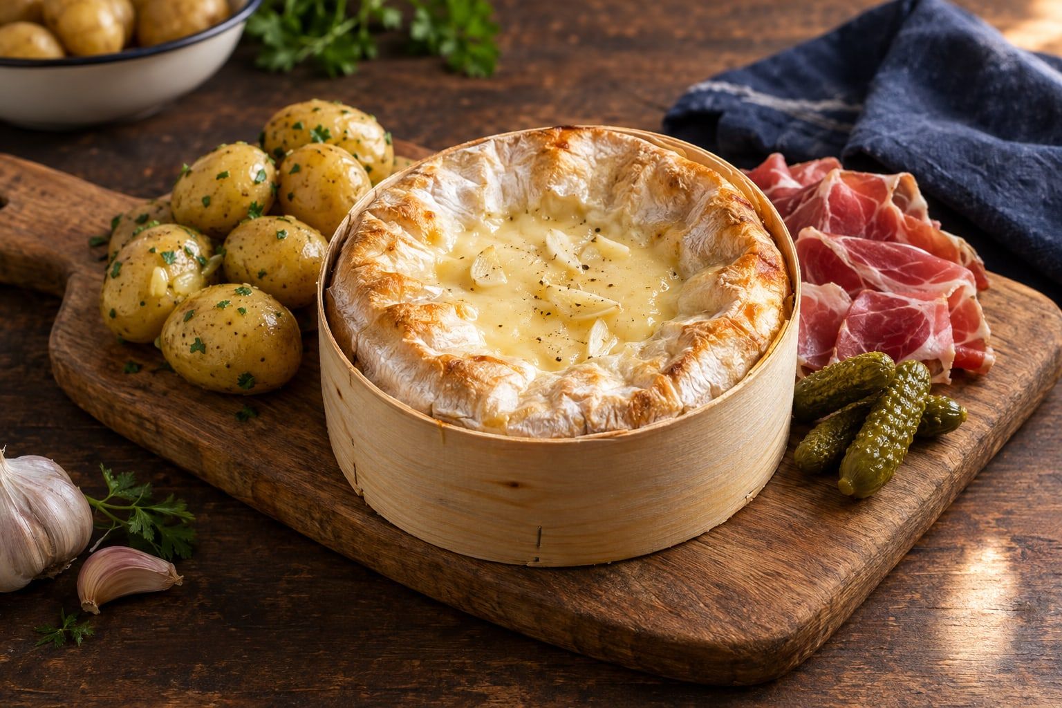 Mont d'or au air fryer fondant dans sa boîte en épicéa, servi avec pommes de terre grenaille, jambon cru et cornichons