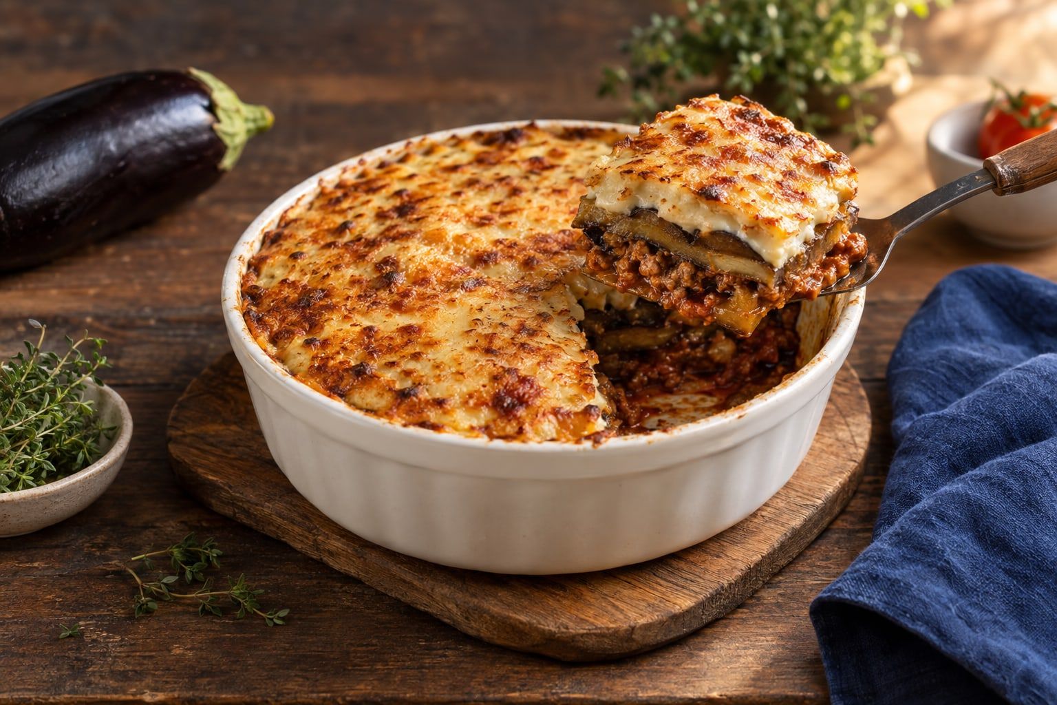 Moussaka au air fryer, béchamel dorée et part découpée montrant les couches d’aubergine rôtie et d’agneau haché à la tomate