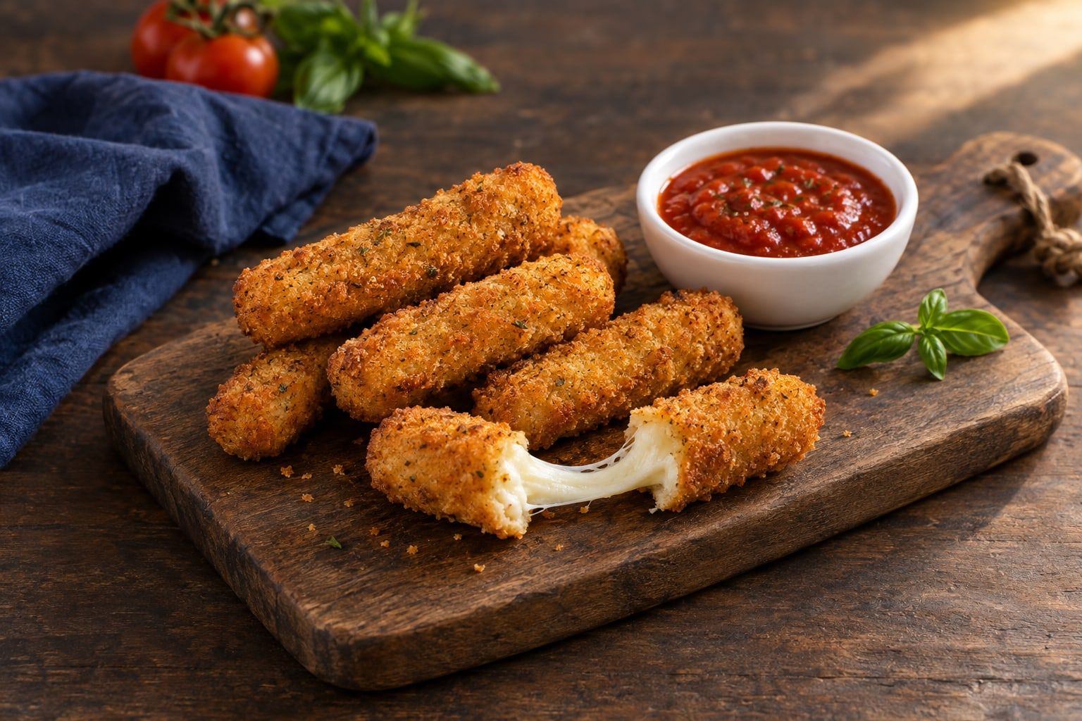 Mozzarella sticks au air fryer, bâtonnets panés dorés dont un cassé en deux, fromage filant et sauce tomate