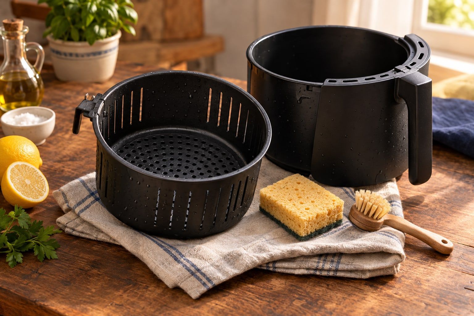 Nettoyer air fryer : panier antiadhésif et tiroir lavés posés sur un torchon à côté d’une éponge souple