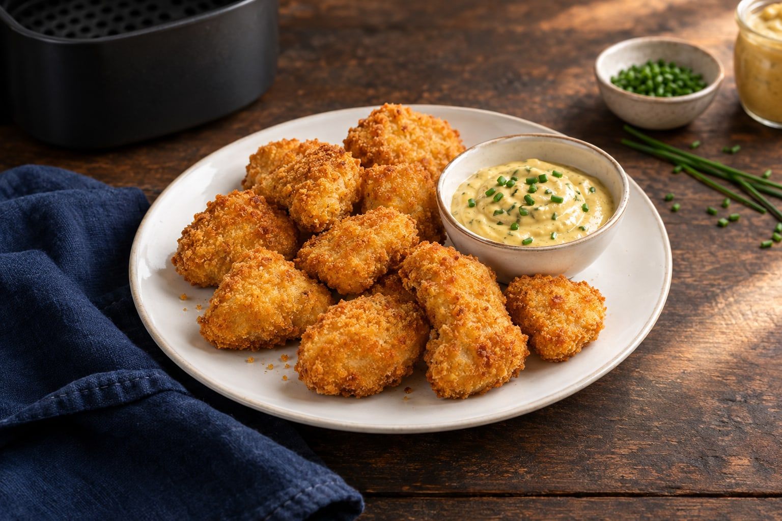 Nuggets au air fryer, panure dorée servie avec une sauce moutarde à la ciboulette