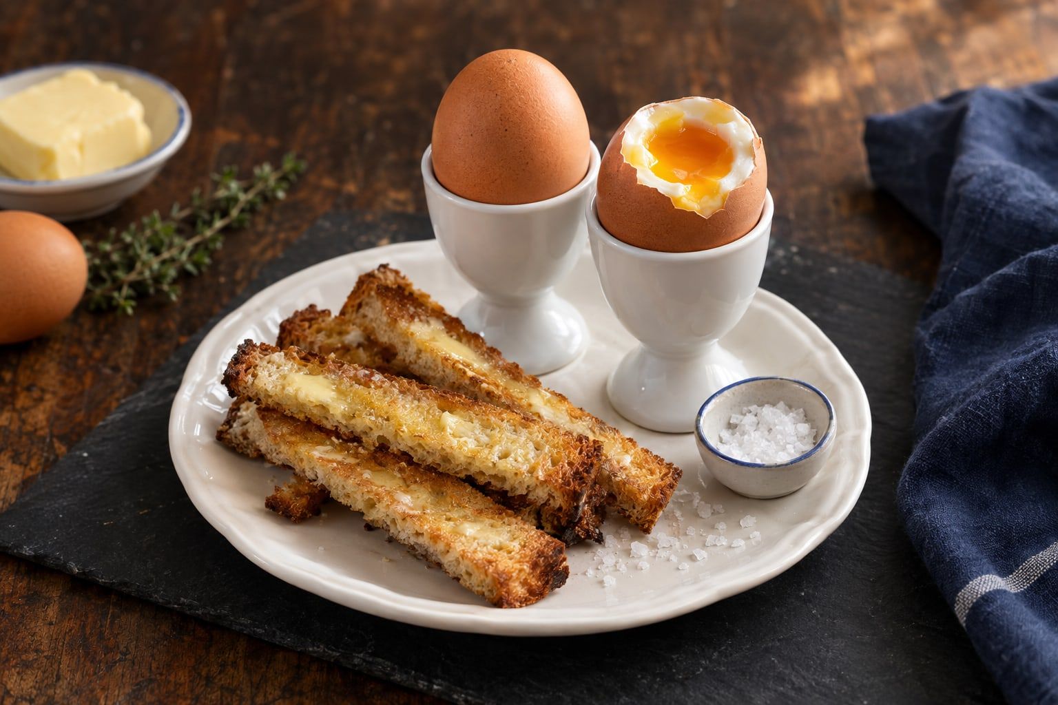 Œufs à la coque au air fryer, deux œufs en coquetier dont un décalotté au jaune coulant, avec des mouillettes beurrées