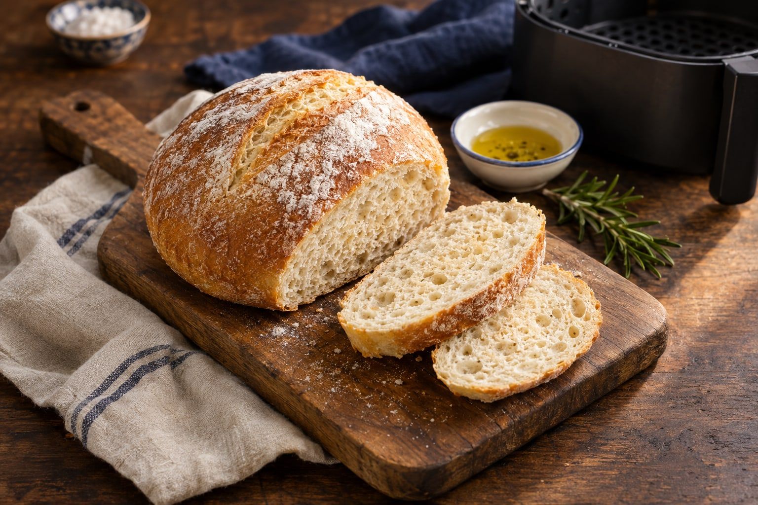 Pain maison au air fryer, petite boule à la croûte dorée et à la mie aérée, entaillée d’un trait de lame