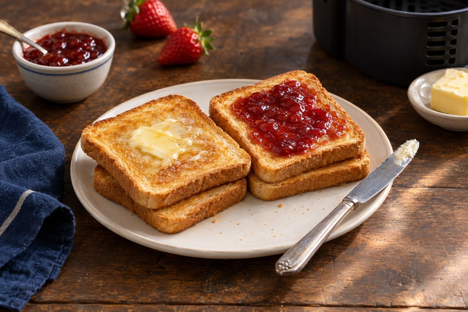 Pain grillé au air fryer, tranches de pain de mie dorées, l’une beurrée et l’autre à la confiture, sur une assiette blanche