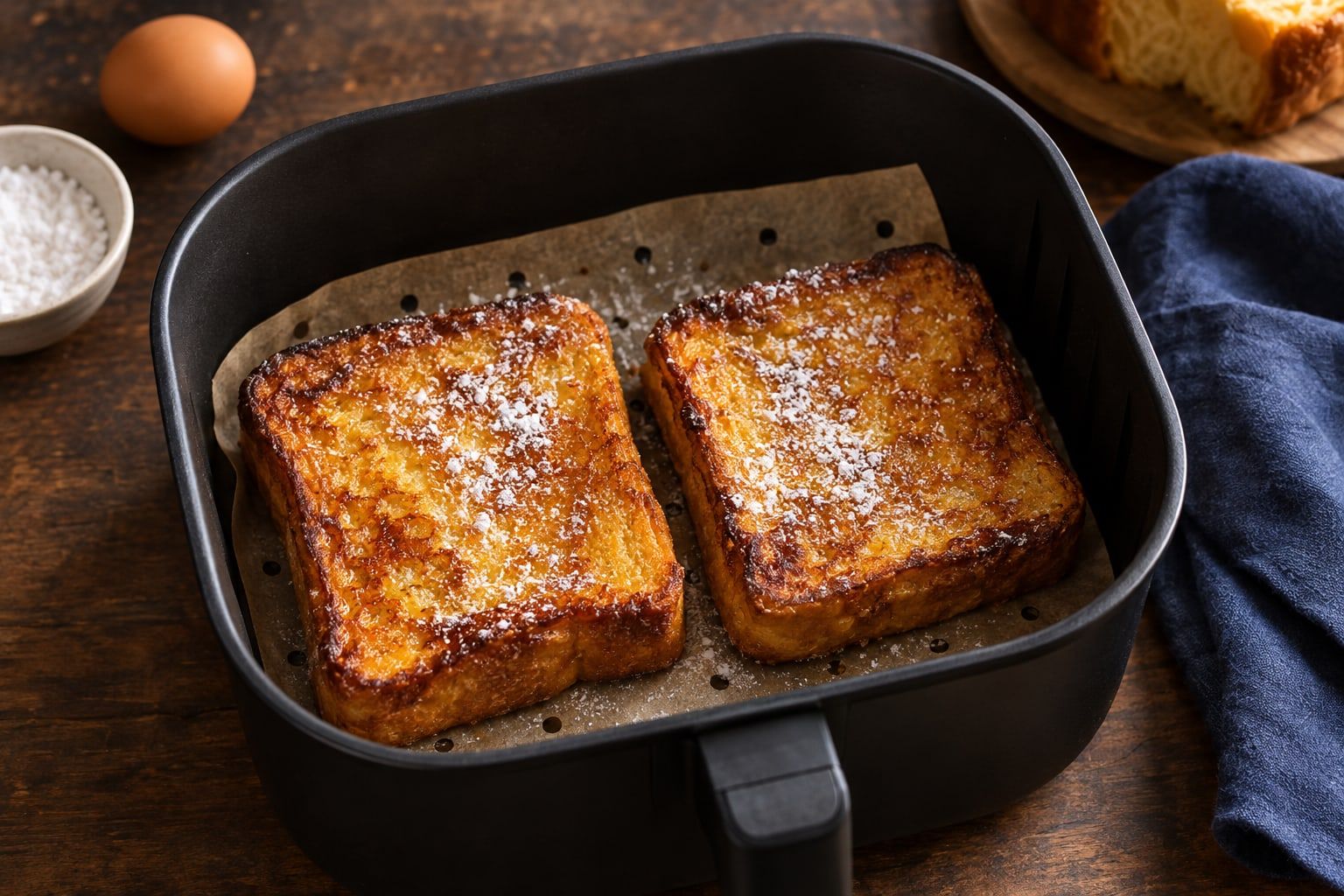 Pain perdu au air fryer, deux tranches de brioche dorées et poudrées de sucre glace dans un panier noir