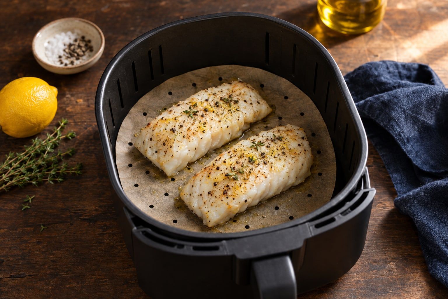 Papier cuisson air fryer : feuille de papier sulfurisé perforée découpée en rond, posée dans un panier avec un filet de poisson