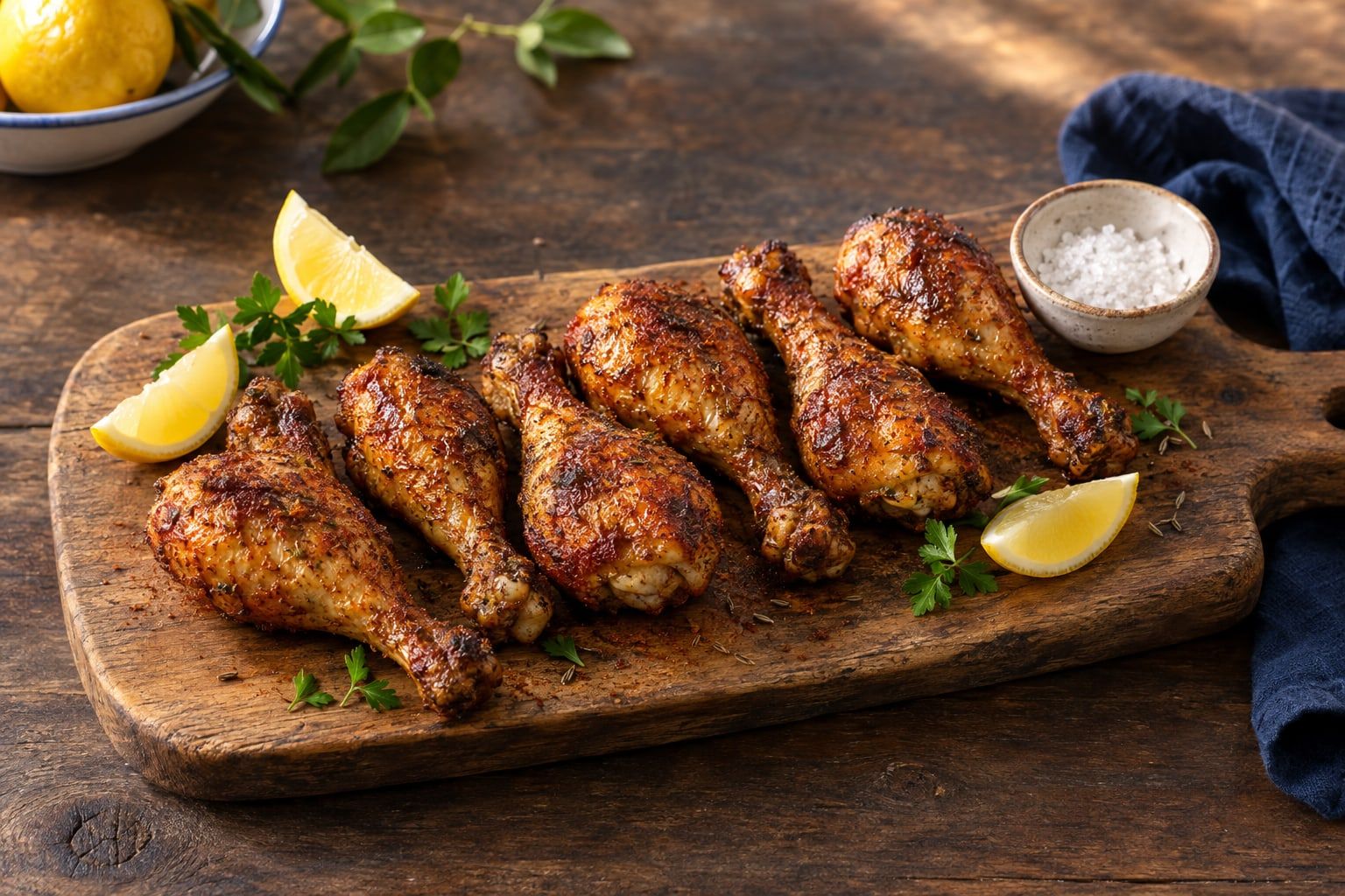Pilons de poulet au air fryer, peau acajou au paprika sur une planche en bois avec du citron