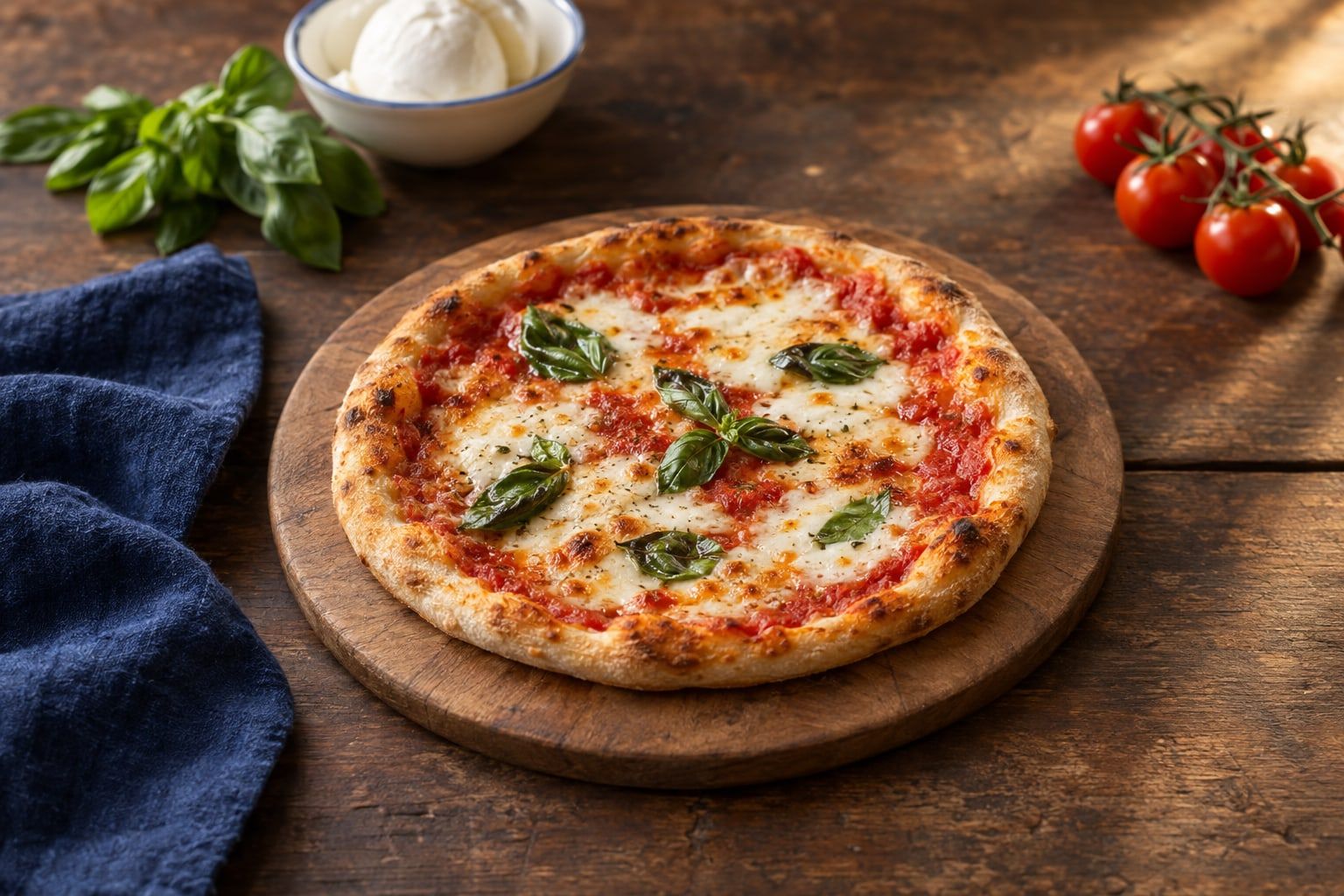 Pizza maison au air fryer, margherita à bord gonflé et mozzarella fondue sur une planche ronde