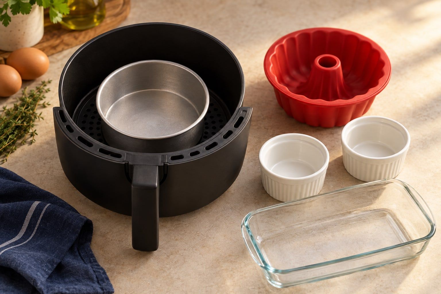 Plat pour air fryer : moules en métal, ramequins et moule en silicone posés à côté d’un panier rond