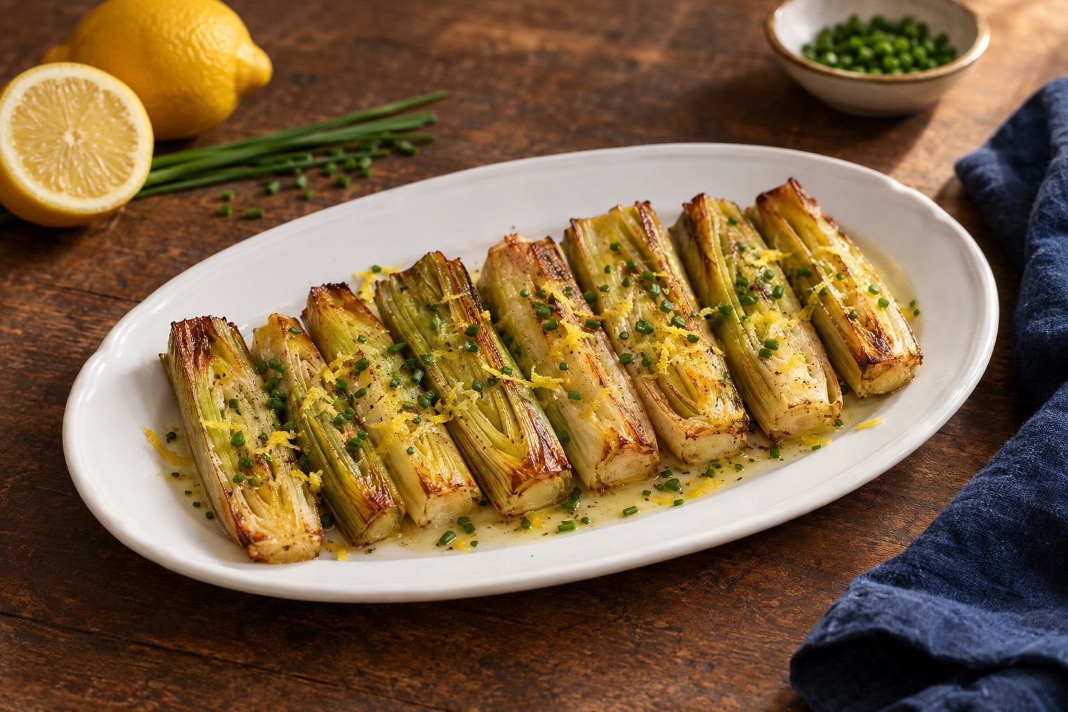Poireaux au air fryer, demi-tronçons dorés sur les bords, beurre fondu, zeste de citron et ciboulette