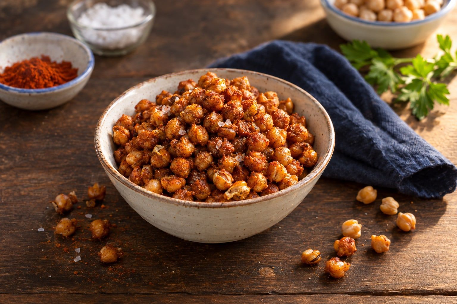 Pois chiches grillés au air fryer, dorés et épicés dans un bol en céramique
