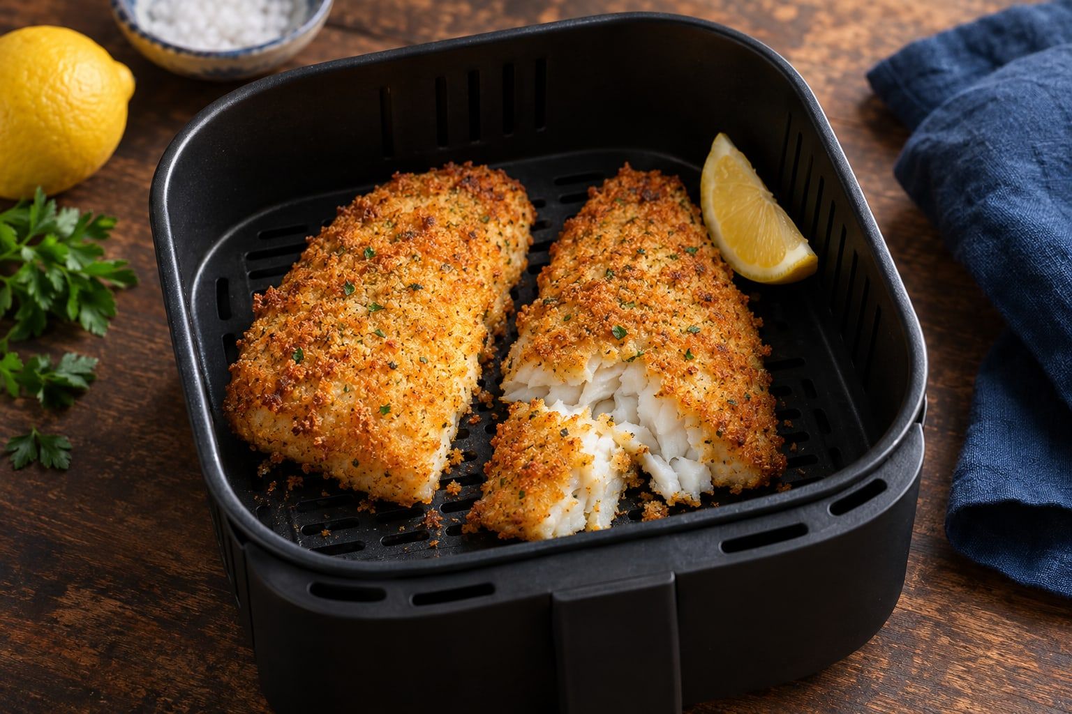 Poisson pané au air fryer, deux filets à la panure dorée dans le panier noir, l’un ouvert sur une chair blanche