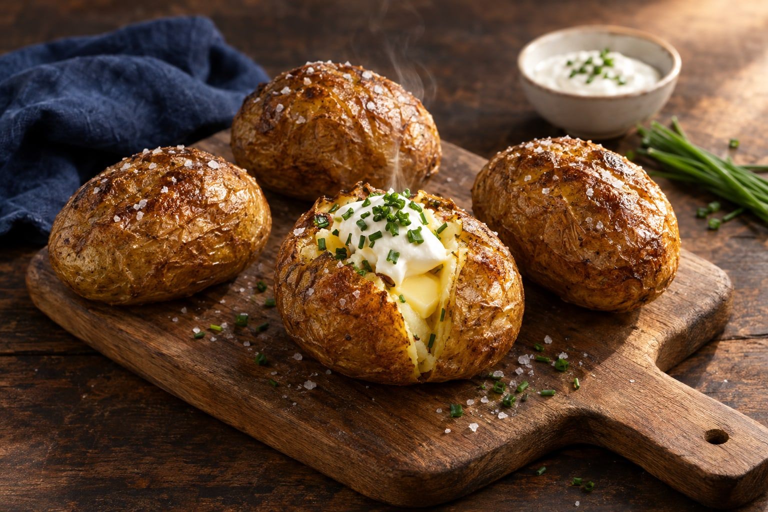 Pomme de terre entière au air fryer, peau dorée ouverte en croix avec beurre et ciboulette