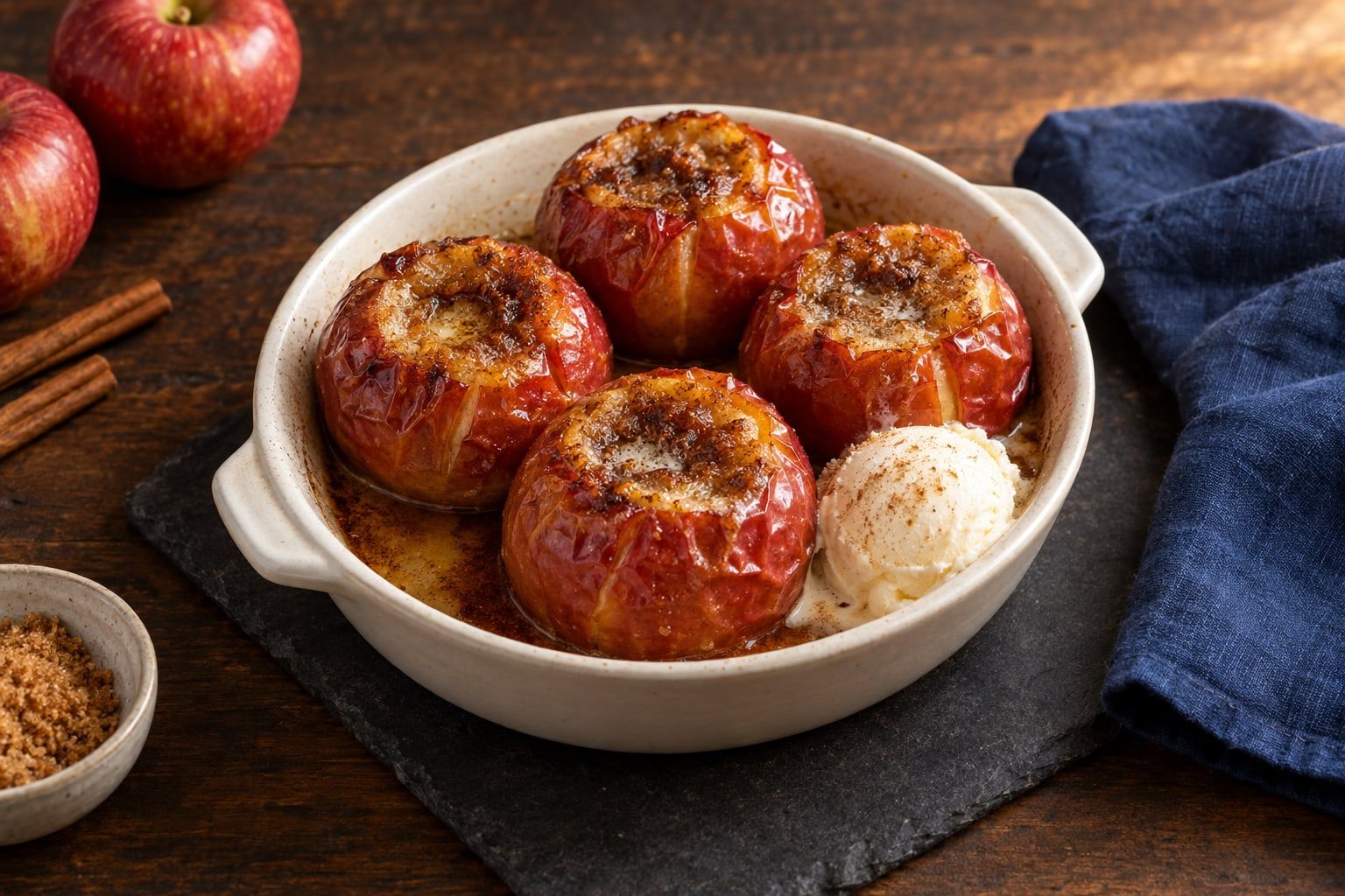 Pommes au four au air fryer, quatre pommes rouges farcies à la cannelle dans un plat rond