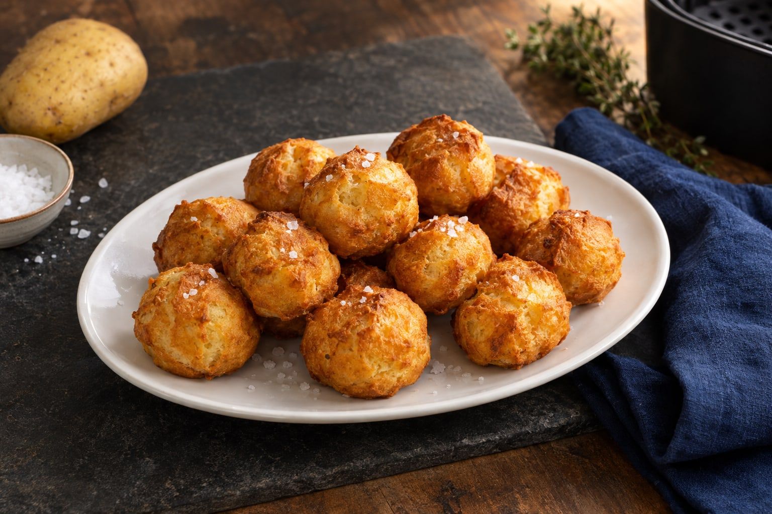 Pommes dauphines au air fryer, boules dorées et gonflées sur une assiette blanche