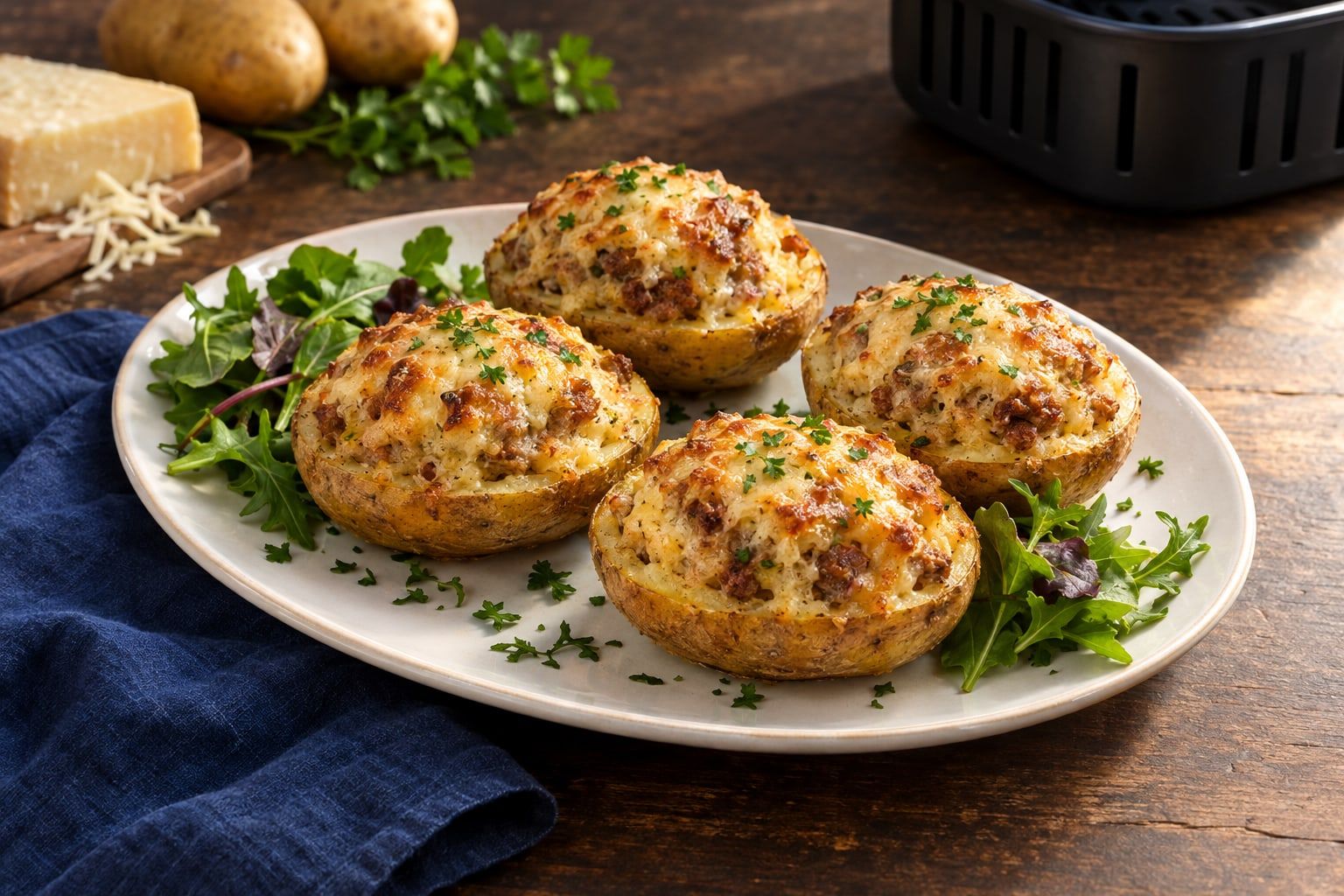 Pommes de terre farcies au air fryer, quatre moitiés garnies de chair à saucisse gratinées au gruyère sur une assiette ovale